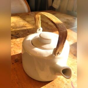 Crate&Barrel White Ceramic Teapot with Wooden Handle